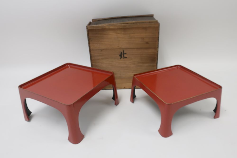 Appraisal: Japanese Red Lacquer Low Nesting Tables th C Gilt rims