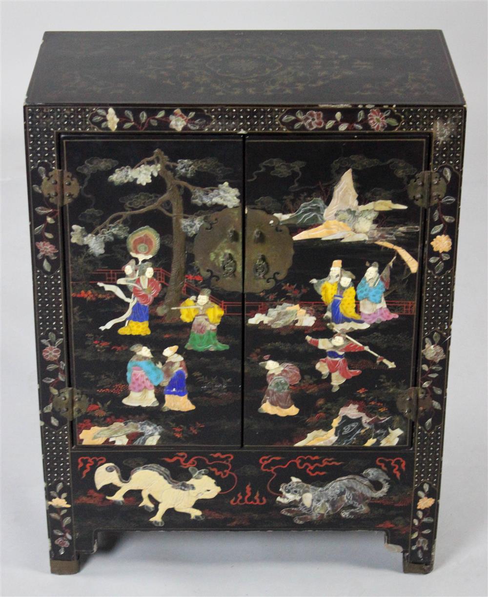 Appraisal: CHINESE HARDSTONE-INLAID SMALL CABINET the side cabinet fitted with a