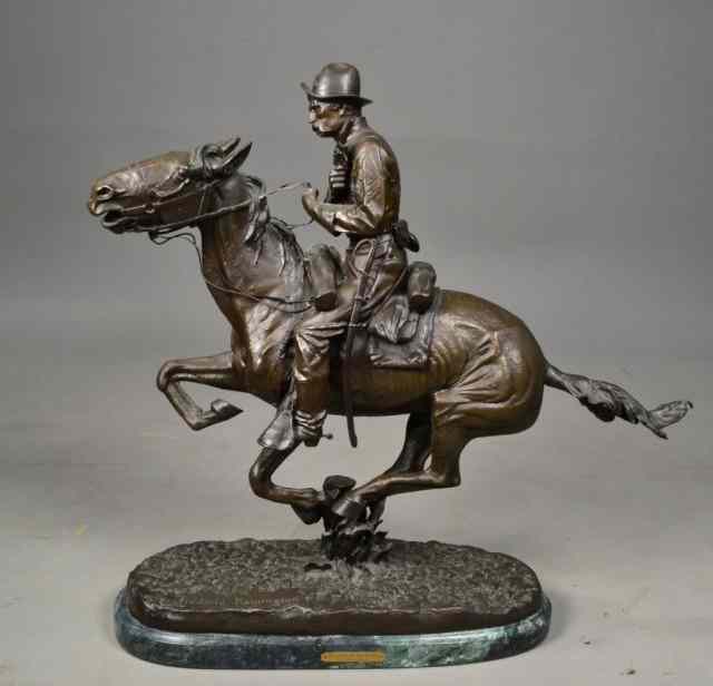 Appraisal: BRONZE SCULPTURE BY FREDERICK REMINGTON''TROOP OF THE PLAINS'' depicting cavalryman