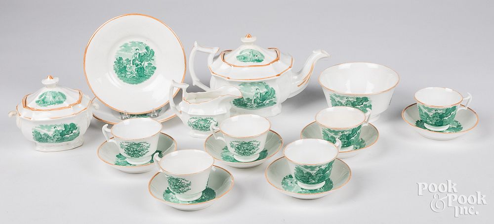 Appraisal: Green transfer porcelain tea service Green transfer Farmer's Arms porcelain