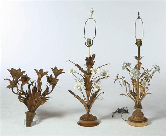 Appraisal: THREE LIGHTING PIECES American early th century brass Two gold-painted