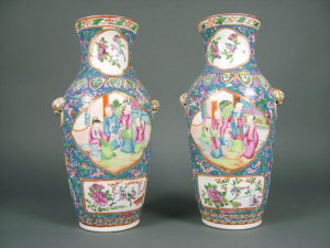 Appraisal: A pair of Chinese light blue ground vases enamelled with