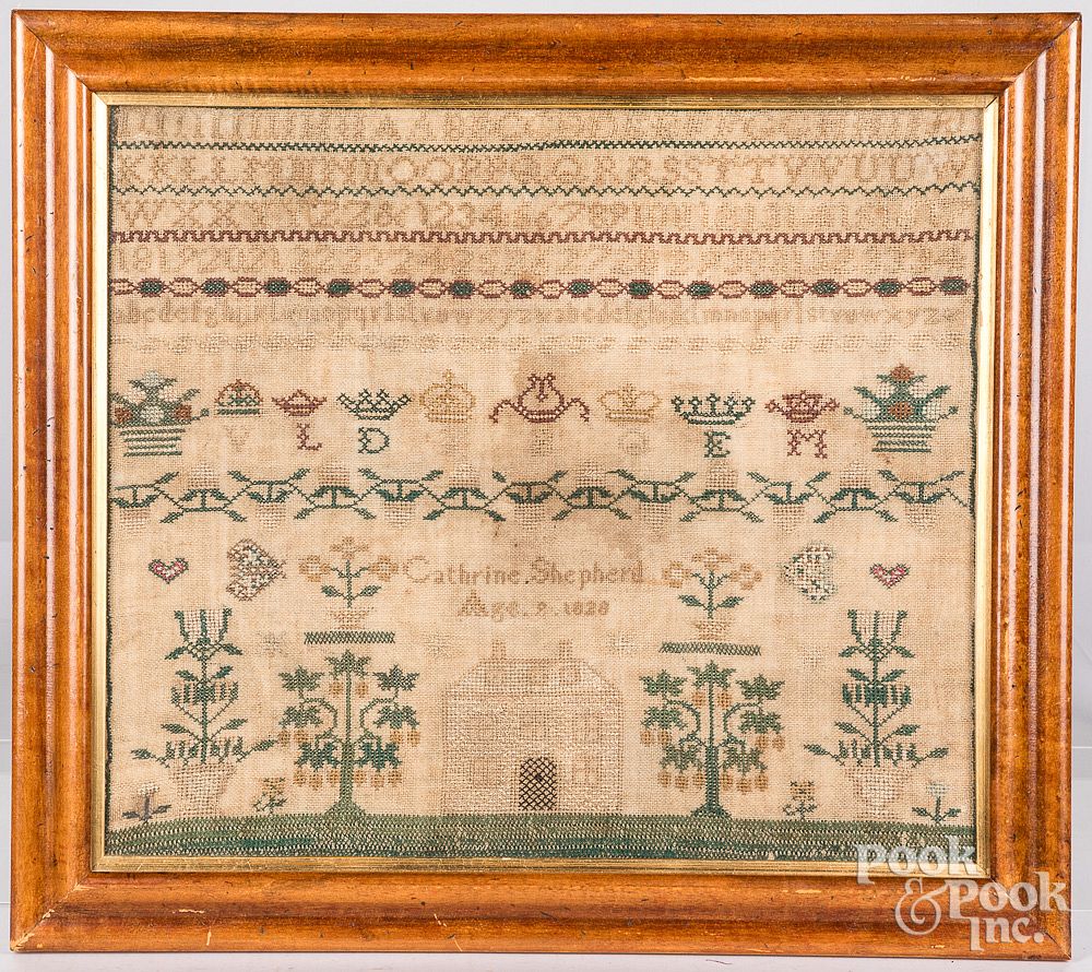 Appraisal: English silk on linen needlework sampler English silk on linen