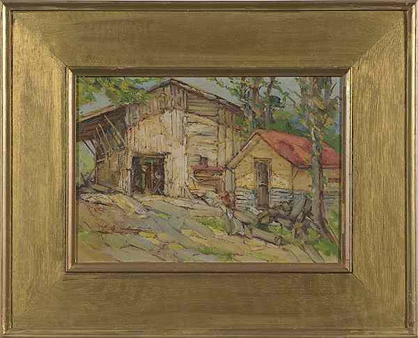 Appraisal: American Barn Scene Oil on Board American th century unsigned