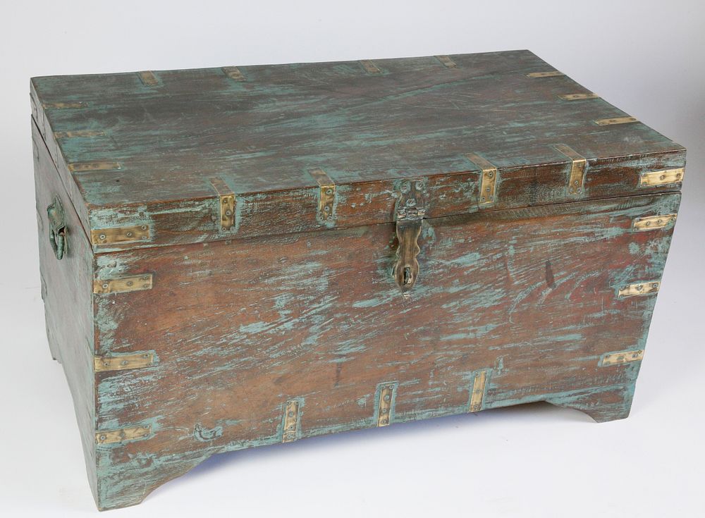 Appraisal: Contemporary Teak Brass Bound Trunk with Blue Washed Paint Contemporary