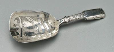 Appraisal: English silver tea caddy shovel fig design in bowl rectangular