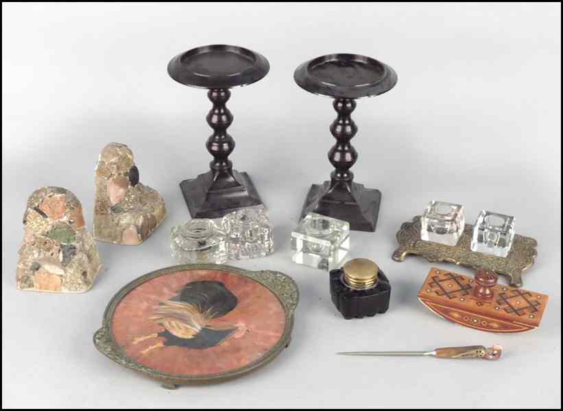 Appraisal: GROUP OF VARIOUS DESK ACCESSORIES Comprised of a feather inlaid