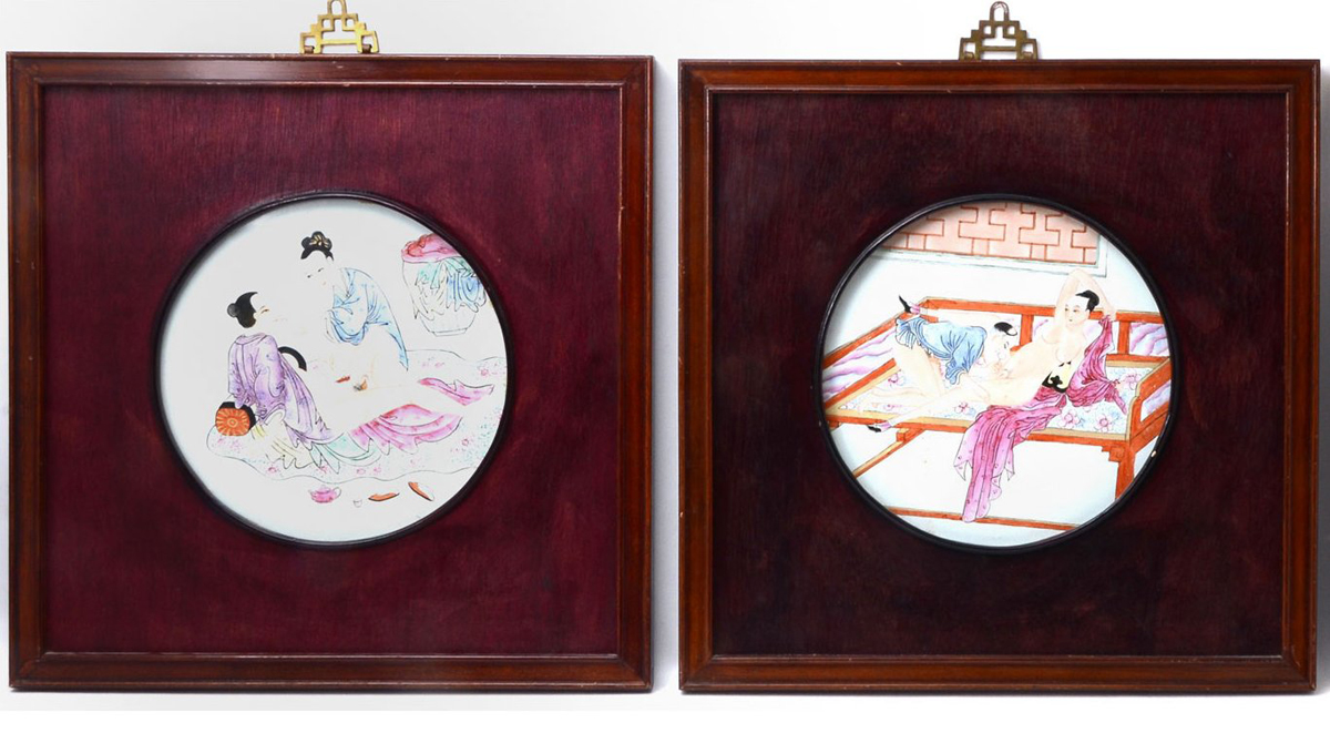 Appraisal: EROTIC ORIENTAL PORCELAIN PLAQUES '' diameter framed '' x ''