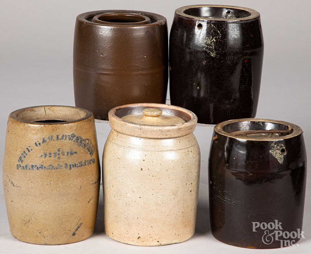 Appraisal: Five stoneware jars Five stoneware jars one inscribed in cobalt