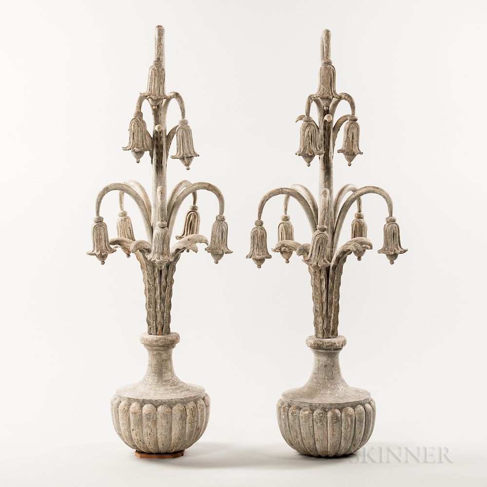 Appraisal: Pair of Carved and Painted Bellflower Finials Pair of Carved