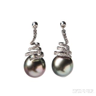 Appraisal: kt Gold Tahitian Pearl and Diamond Earrings each suspending a