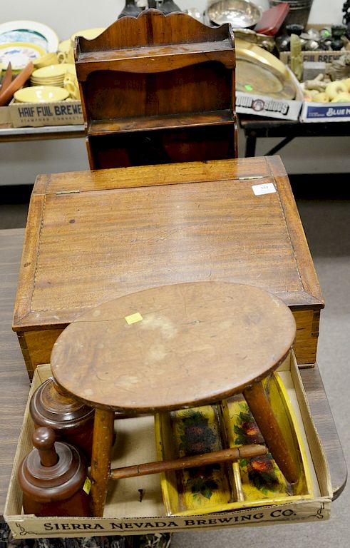 Appraisal: Wooden lot with mahogany table desk oval stool and two