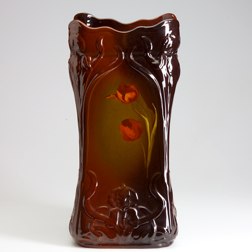 Appraisal: WELLER Brown-Glazed four-sided umbrella stand finely painted with tulips the