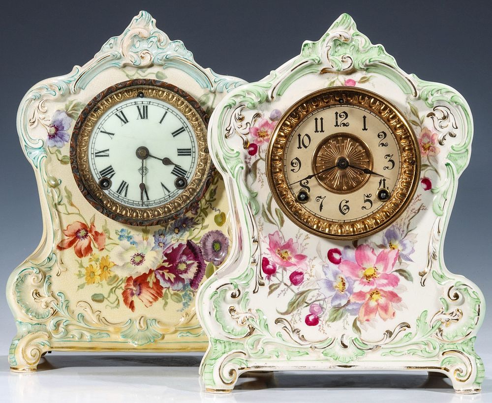 Appraisal: TWO DIFFERENT ROYAL BONN LA CLAIR CASE ANSONIA CLOCKS Two