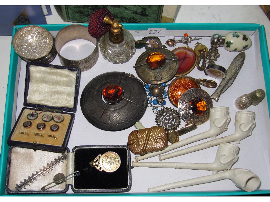 Appraisal: Box of miscellania - Scottish brooches clay pipes vesta etc