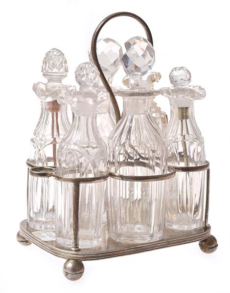 Appraisal: GEORGE III STERLING SILVER SIX BOTTLE CRUET SET WITH GLASS