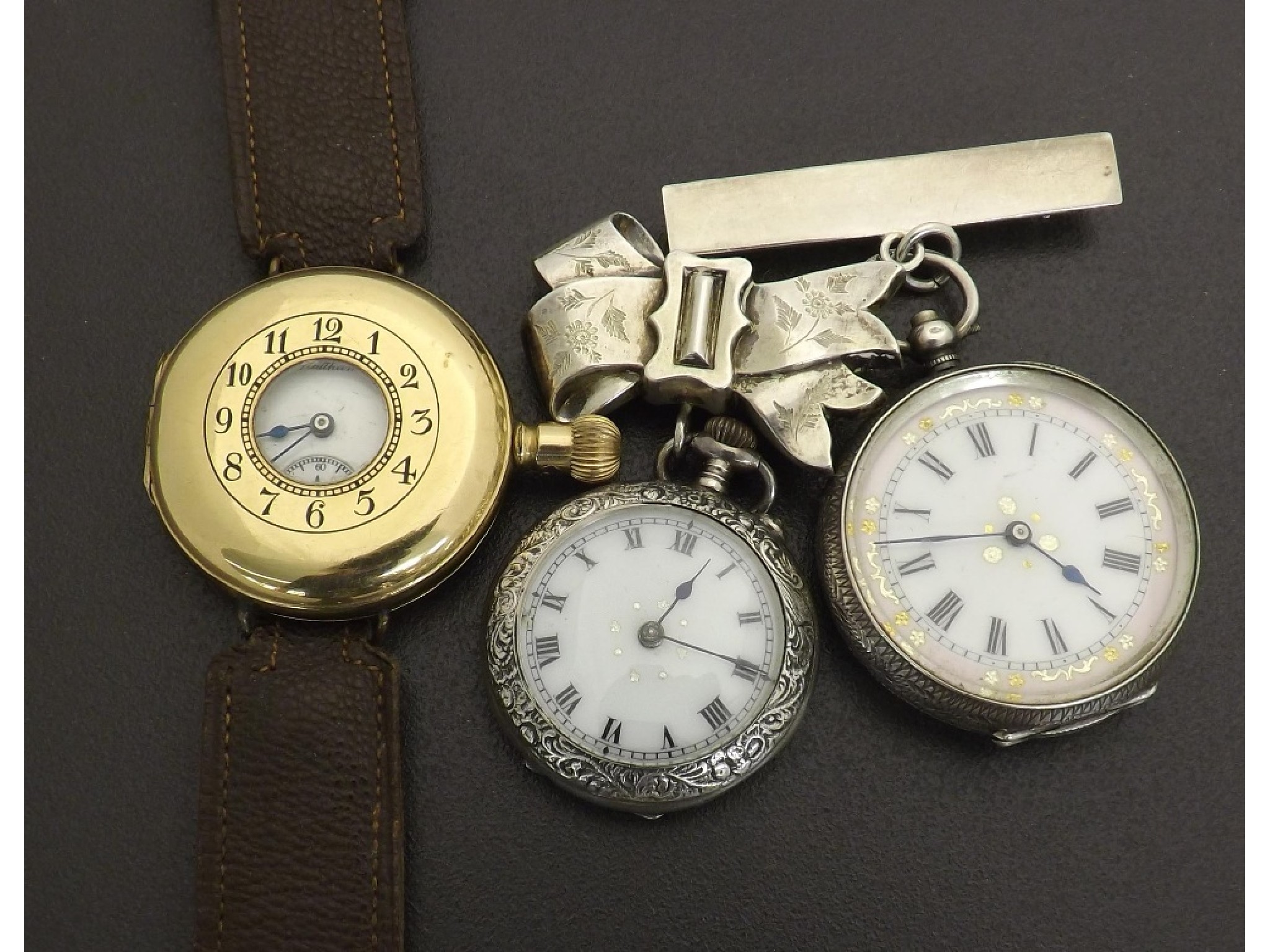 Appraisal: Two Swiss silver cylinder fob watches with brooches also a