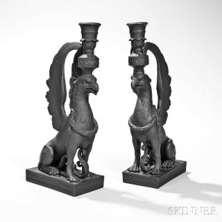 Appraisal: Pair of Wedgwood Black Basalt Griffin Candlesticks England th century