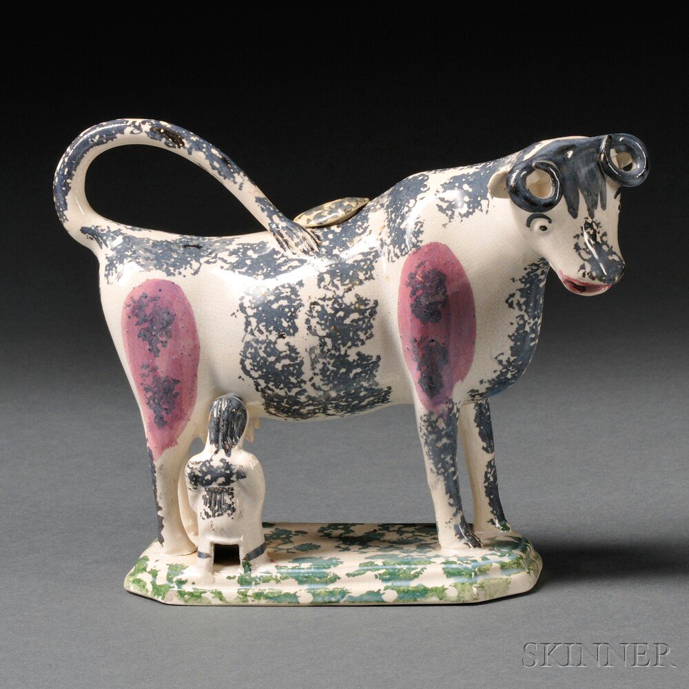 Appraisal: Staffordshire Earthenware Cow Creamer England c sponge decorated in polychrome