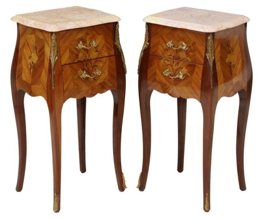 Appraisal: pair French Louis XV style marble-top nightstands th c accented