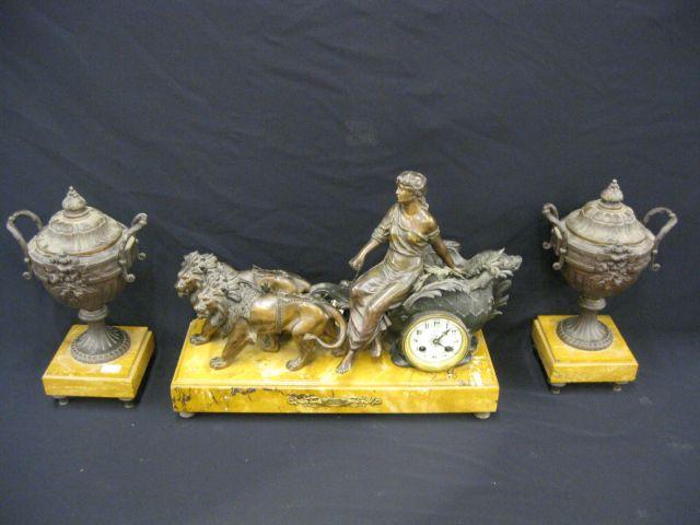 Appraisal: French Victorian Clock Set bronzed lady on chariot pulled by