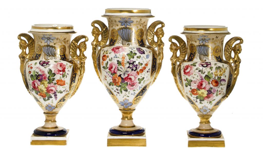 Appraisal: A GARNITURE OF JOHN RIDGWAY EMPIRE STYLE VASES of shield