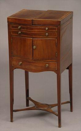 Appraisal: GEORGE III INLAID MAHOGANY SERPENTINE-FRONTED DRESSING STAND The double-hinged top