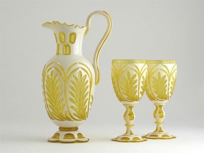 Appraisal: A Stourbridge yellow and white overlaid glass jug with two