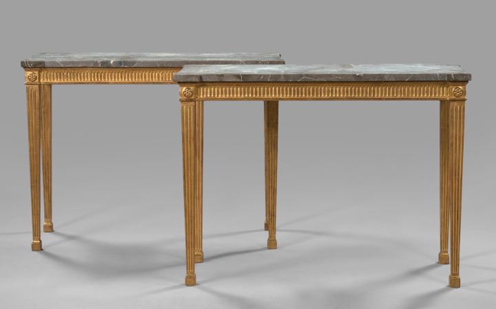 Appraisal: Pair of Louis XVI-Style Giltwood Consoles each with a variegated