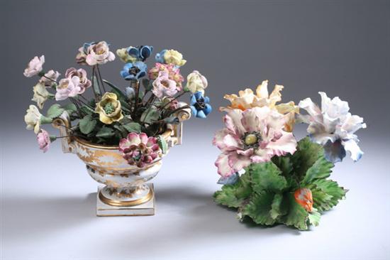 Appraisal: TWO POLYCHROME FLORAL BOUQUETS One French porcelain the leafy floral