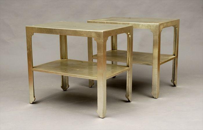 Appraisal: Pair of Chinese-Style Silver Painted Tables with Shelves Modern x