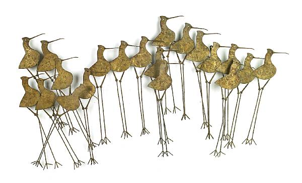 Appraisal: A Curtis Jer patinated-metal wall sculpture Sandpipers signed c jer