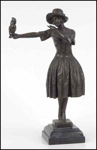 Appraisal: PATINATED BRONZE GIRL WITH A PARROT Raised on a ''