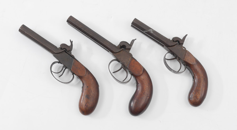 Appraisal: DOUBLE BARREL EUROPEAN PERCUSSION PISTOLS guns total circa mid th