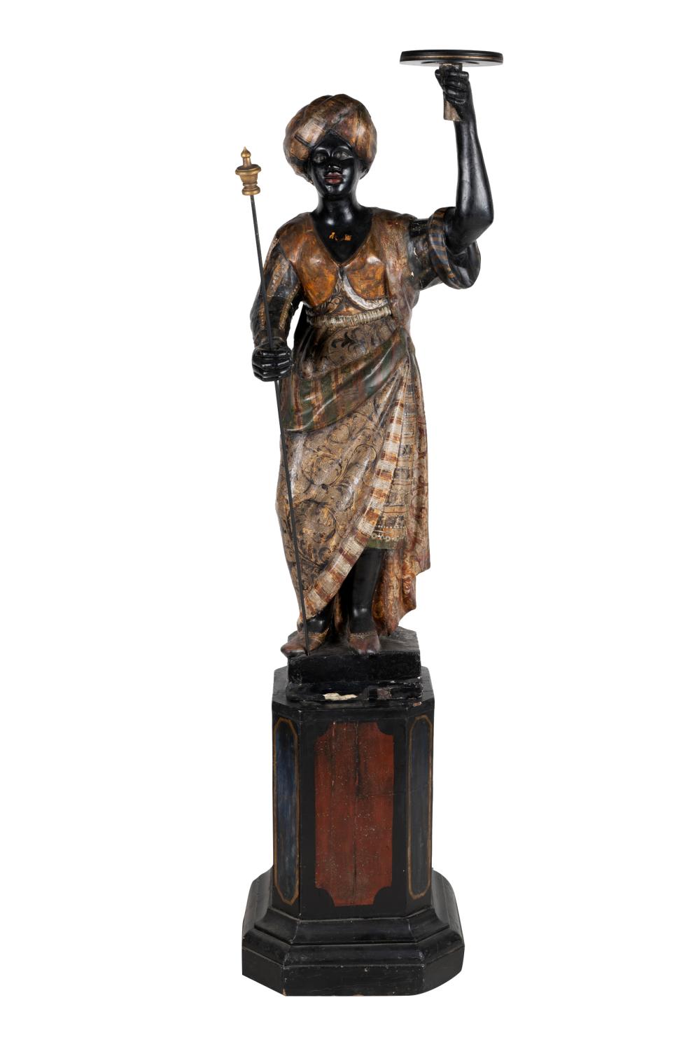 Appraisal: POLYCHROMED WOOD BLACKAMOOR FIGUREset atop matching painted pedestal Condition with