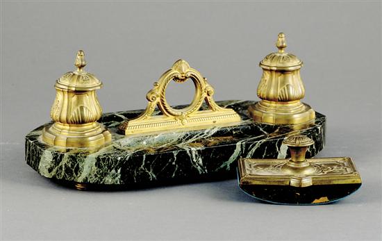 Appraisal: O Lelievre bronze and marble double inkwell stand and blotter