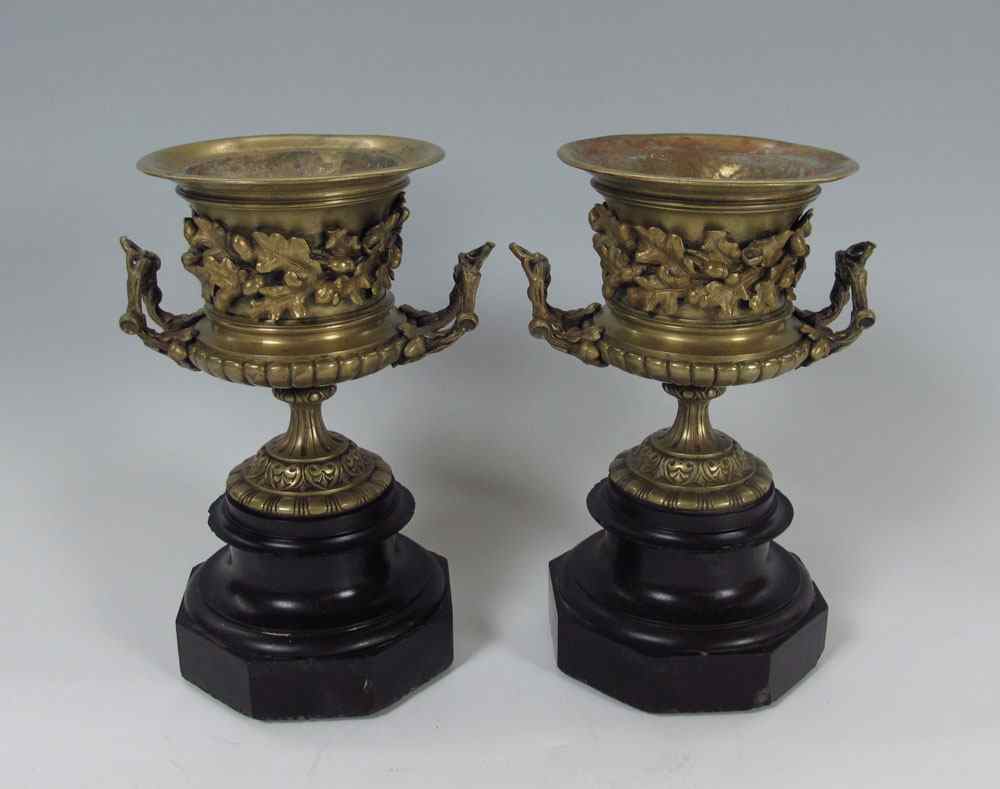 Appraisal: PAIR BRONZE URNS The raised design of oak leaves and