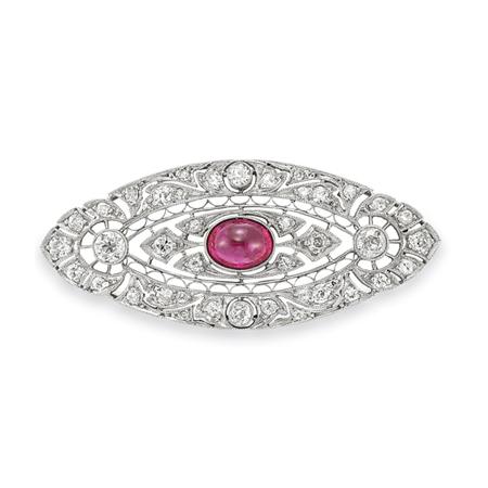 Appraisal: Platinum Cabochon Ruby and Diamond Filigree Brooch Estimate -