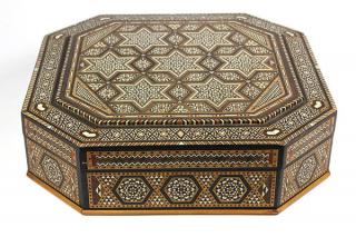 Appraisal: Syrian mosaic inlaid octagonal box having a stepped and hinged