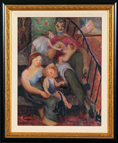 Appraisal: Family with parents and four children seated on stairway oil