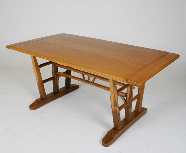 Appraisal: Old Hickory Martinsville trestle table bark on legs tandem stretcher