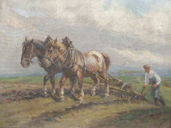 Appraisal: Hans Treiber German - Horses Plow oil on canvas signed