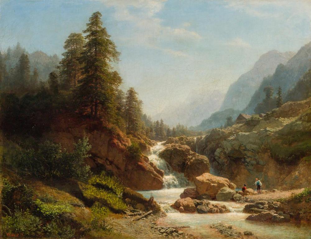 Appraisal: HERMANN POHLE German - Fishermen at Mountain Waterfall oil on