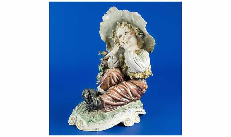 Appraisal: Capodimonte Figure Group Young Boy Playing The Flute Signed T