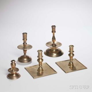 Appraisal: Five Continental Brass Candlesticks th th century ht to in