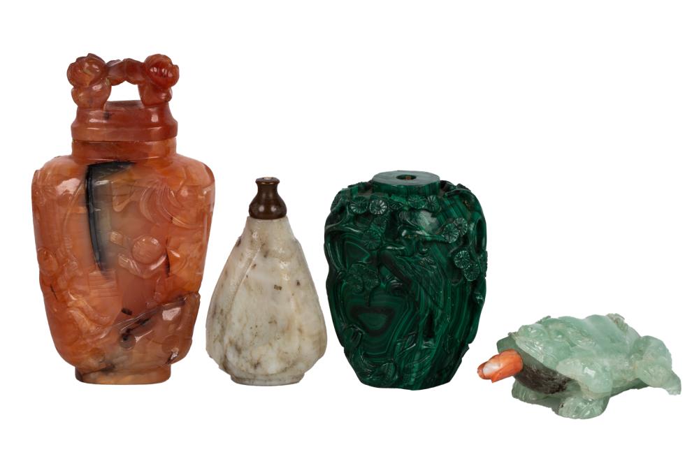 Appraisal: FOUR CHINESE JADE HARDSTONE SNUFF BOTTLESProvenance The Estate of Dr