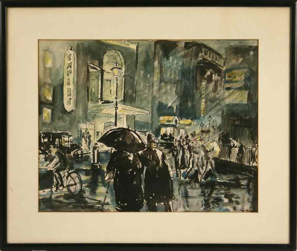 Appraisal: WATERCOLOR - London street scene bobby and marching band in