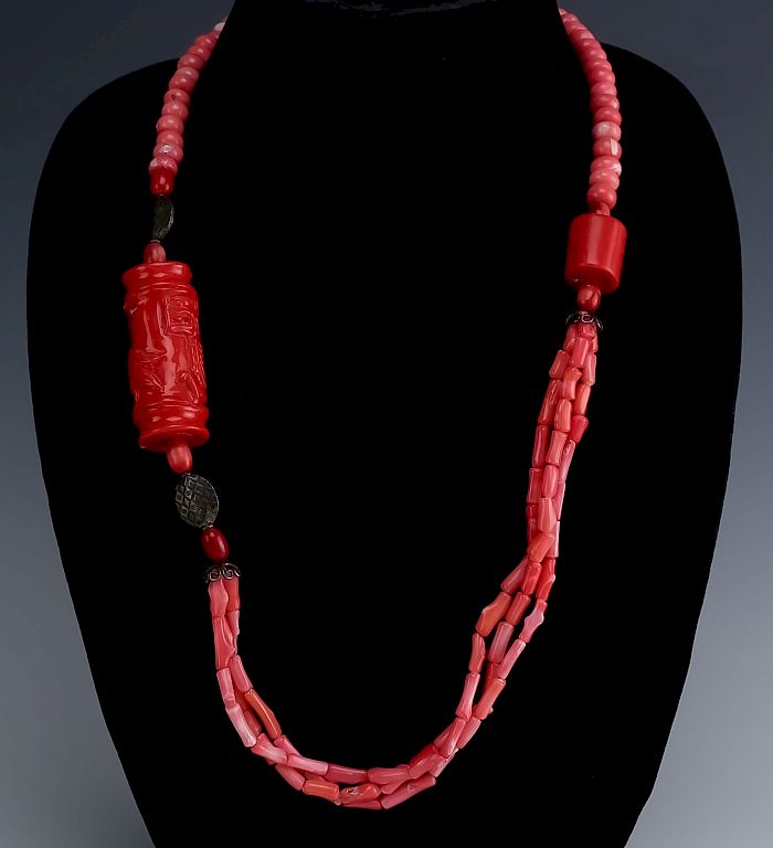 Appraisal: Asian Red Coral Bead Sterling Silver Necklace Asian red and