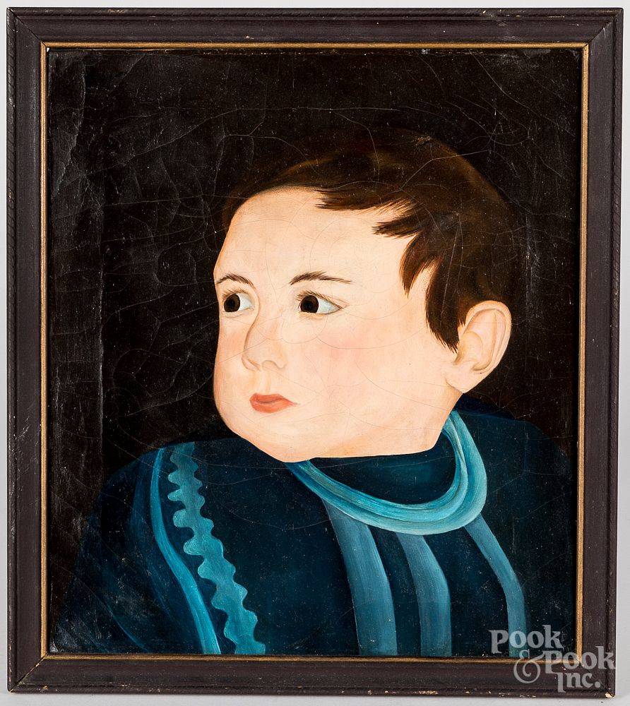 Appraisal: Primitive oil on canvas portrait of a boy Primitive oil