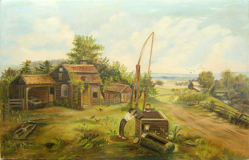 Appraisal: Oil on canvas folk art landscape ca x